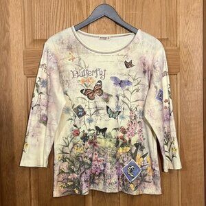 Studio Gem Yellow Floral Butterfly Embellished 3/4 Sleeve Crewneck T-Shirt XL